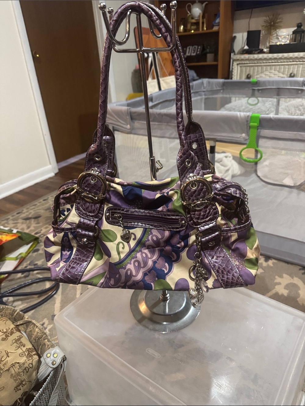 Kathy Van Zeeland Purple Paisley Shoulder Bag with Green Accents